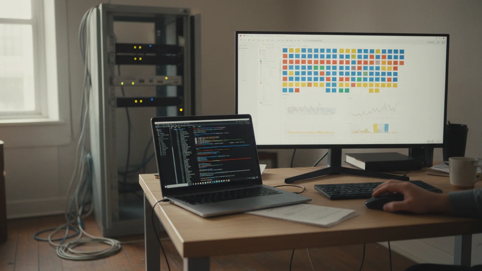 A console dashboard on a wide monitor beside a laptop terminal, with a half-emptied server rack behind the desk.